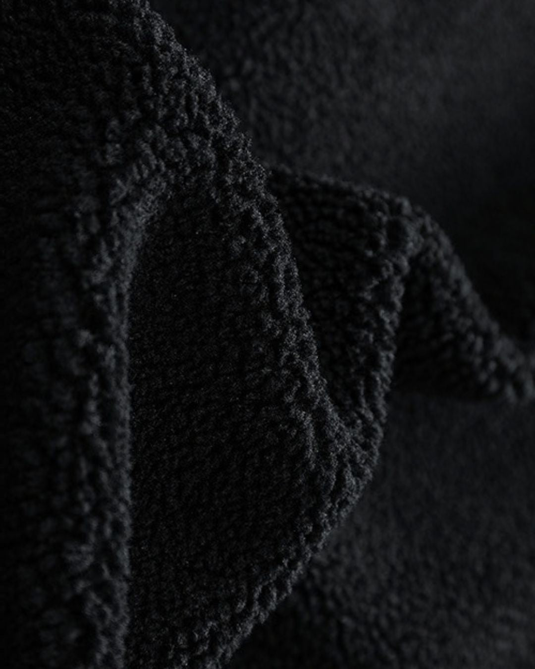 Close-up of soft, black textured sherpa fleece fabric from a men’s utility jacket.