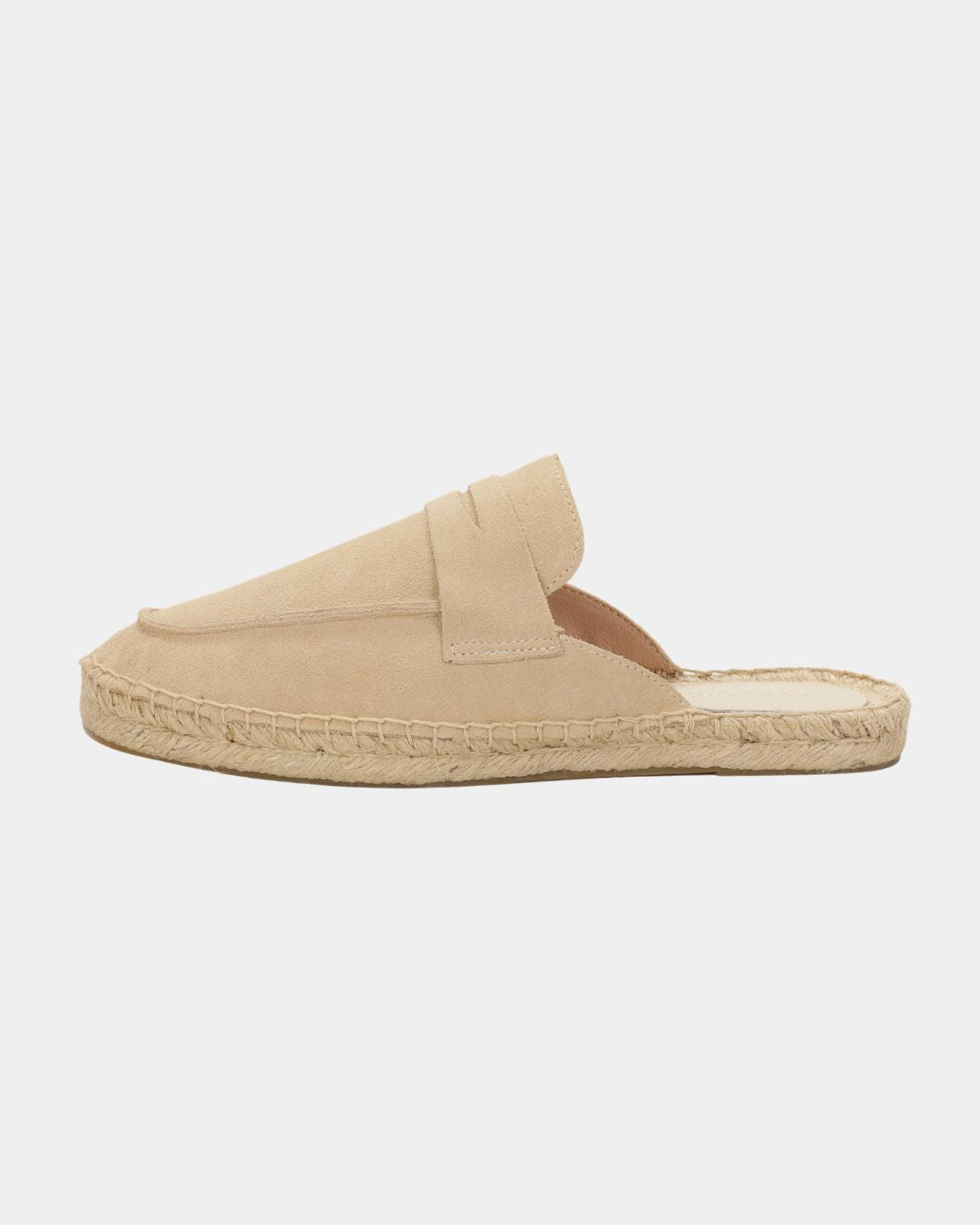 Beige suede men's mule slippers with a woven espadrille-style sole and slip-on loafer design.