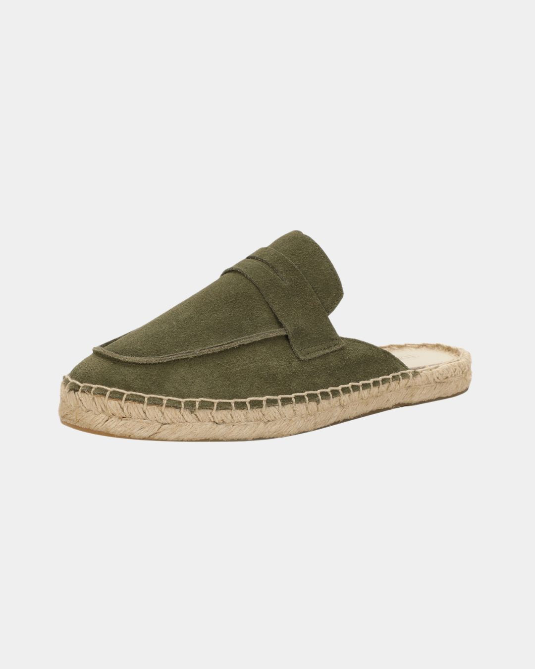 Olive green suede men's mule slippers with a woven espadrille-style jute sole and flexible rubber outsole.