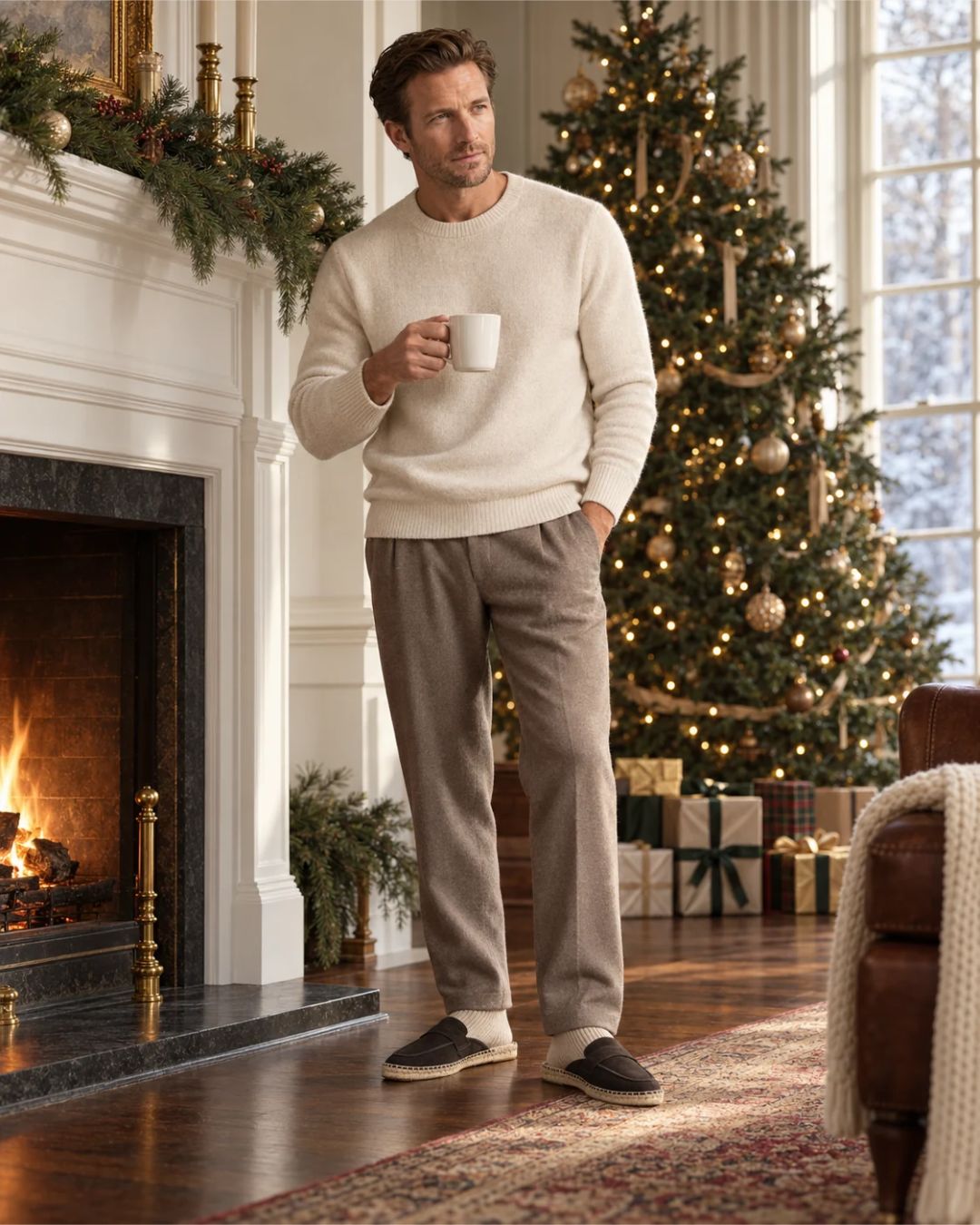Men wearing dark brown suede espadrille slippers with a woven jute sole and flexible rubber outsole in a cozy holiday setting.