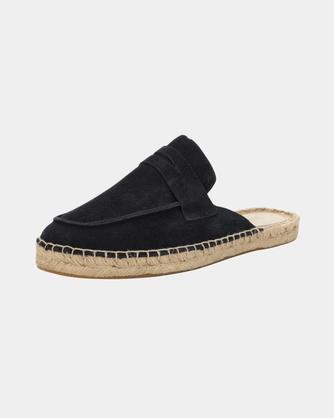 Men's black suede mule slippers featuring a woven espadrille-style jute sole and a flexible rubber outsole.