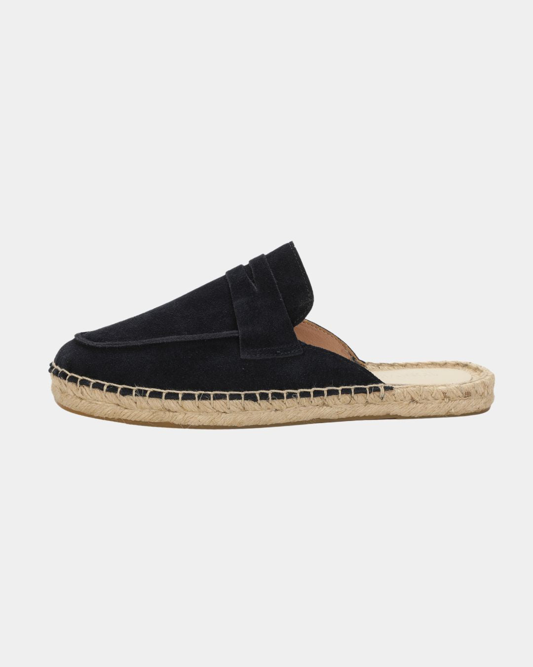 Men's black suede mule slippers with a woven espadrille-style sole and a flexible rubber outsole.