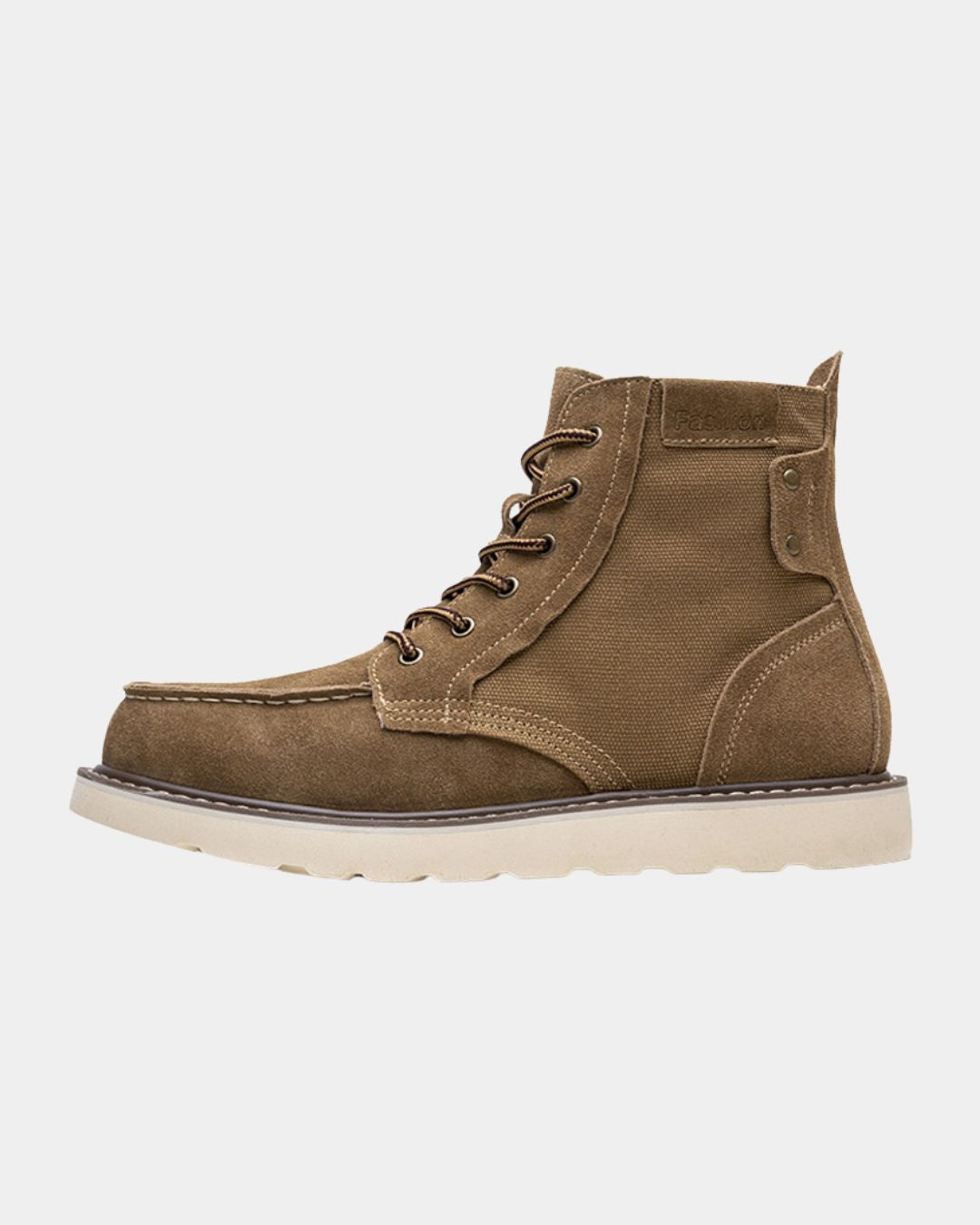 Brown suede moc toe ankle boots with canvas panels, lace-up closure, and a chunky white rubber outsole.