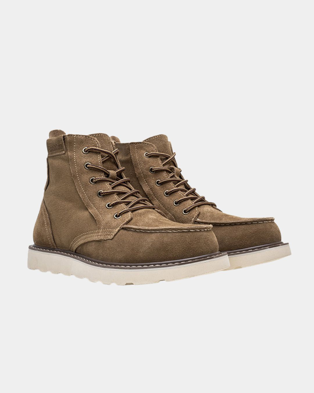 Brown suede moc toe ankle boots with canvas panels, metal eyelets, and a chunky white rubber outsole.