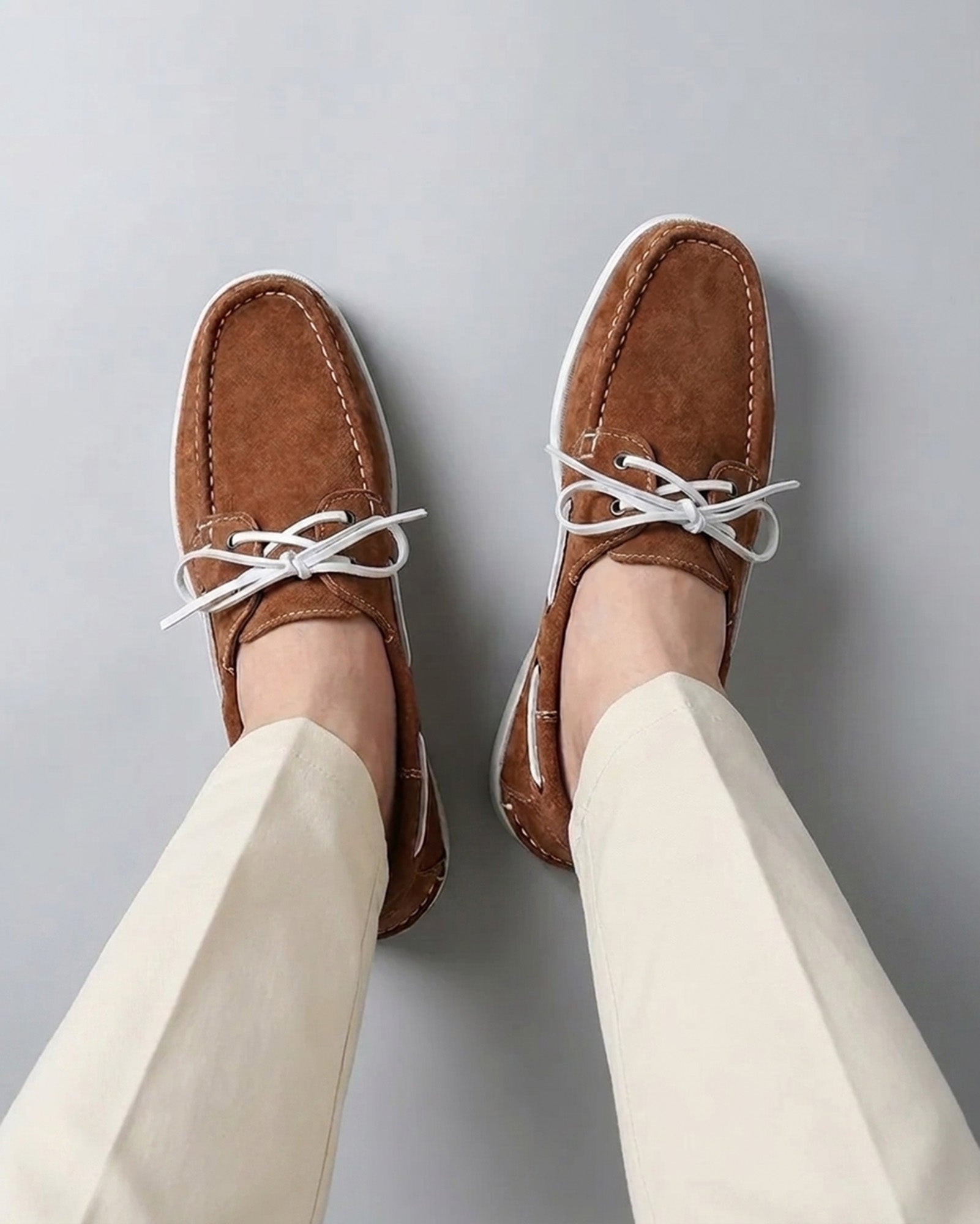 Hudson & Tate Newport Men's Suede Boat Shoe Tan - Lifestyle Overhead Shot