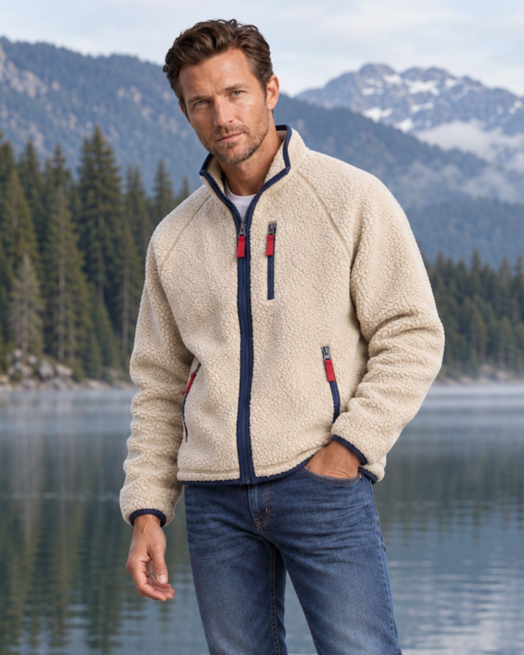 A man wearing a beige sherpa fleece zip-up jacket with navy blue trim and red zipper pulls, paired with blue jeans, standing in front of a scenic mountain and lake background.