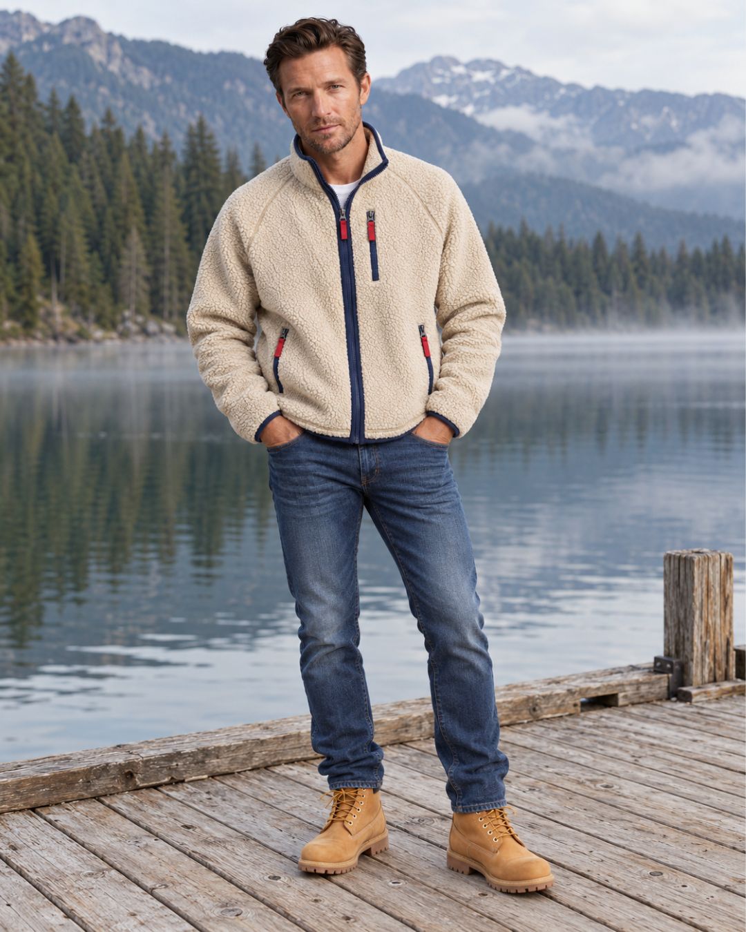 A man wearing a beige sherpa fleece zip-up jacket with navy blue trim and red zipper pulls, paired with blue jeans, standing in front of a scenic mountain and lake background.