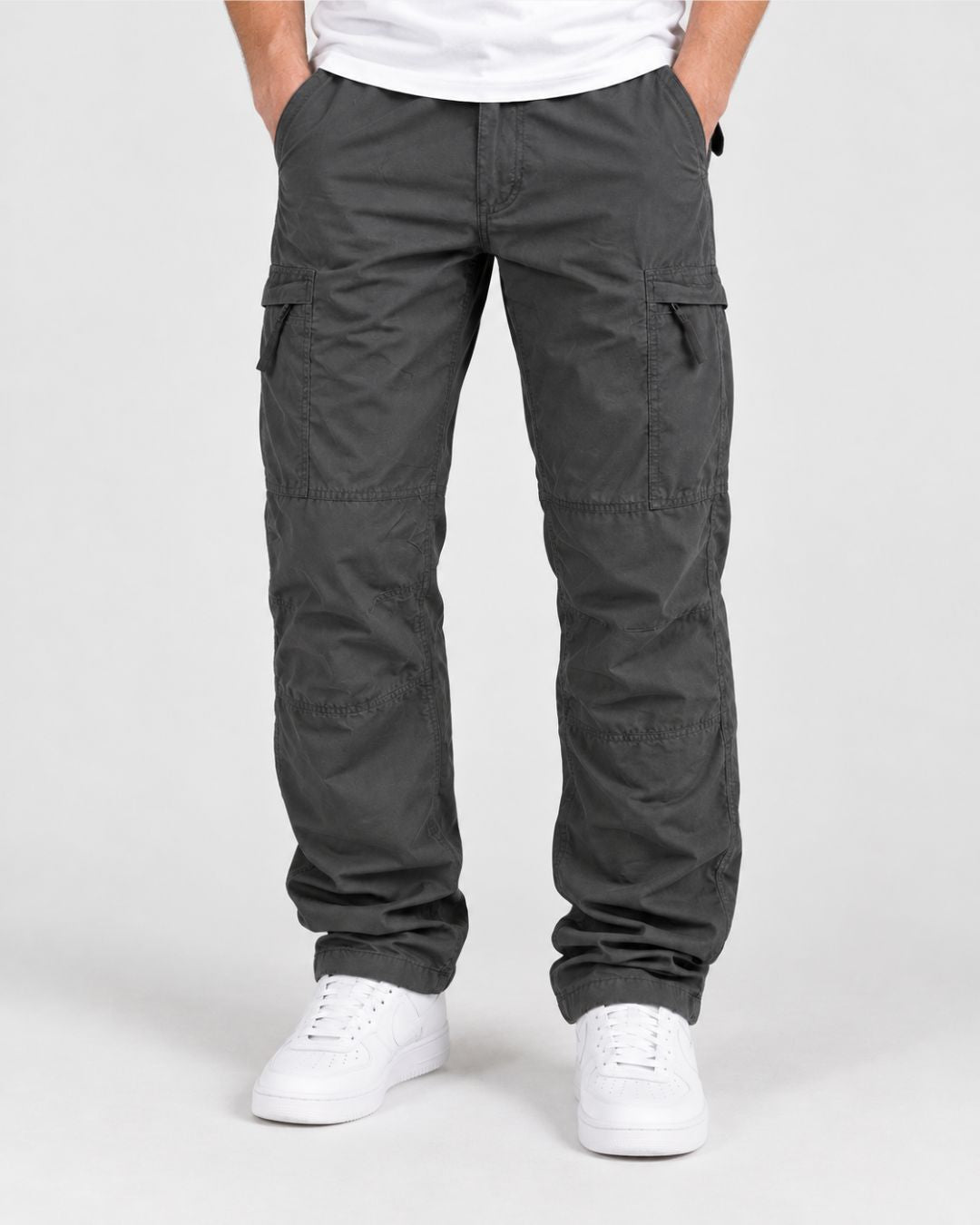 Men’s charcoal grey fleece-lined cargo pants with a relaxed straight-leg fit, side pockets, and knee seam detailing.