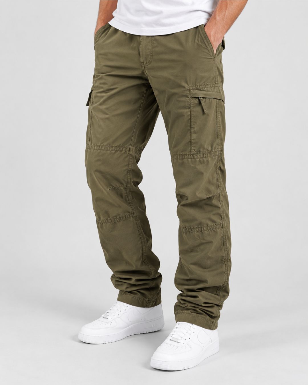 Olive green men's fleece-lined cargo pants with a relaxed fit, side zip pockets, and knee seam detailing.