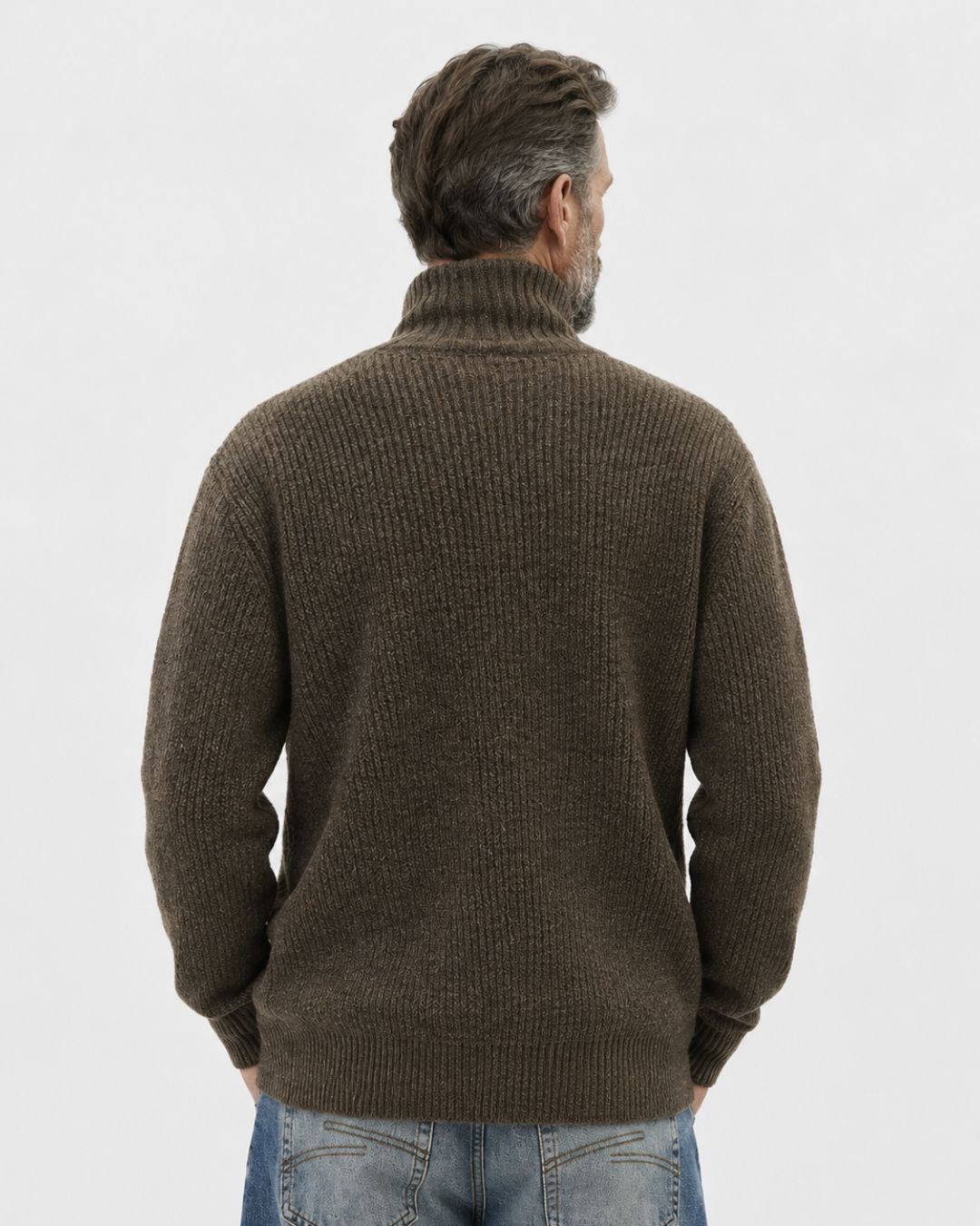 Back view of a men’s brown heathered rib knit cardigan with a tall high collar and relaxed fit.