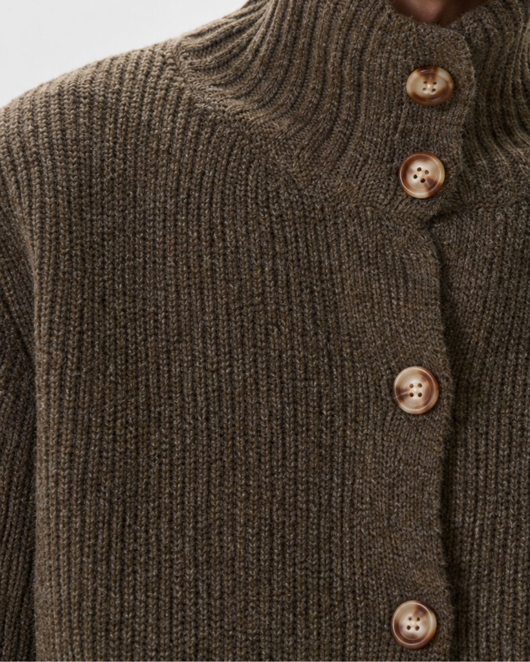 Brown heathered rib-knit men's cardigan with a tall high collar and brown button-up front.
