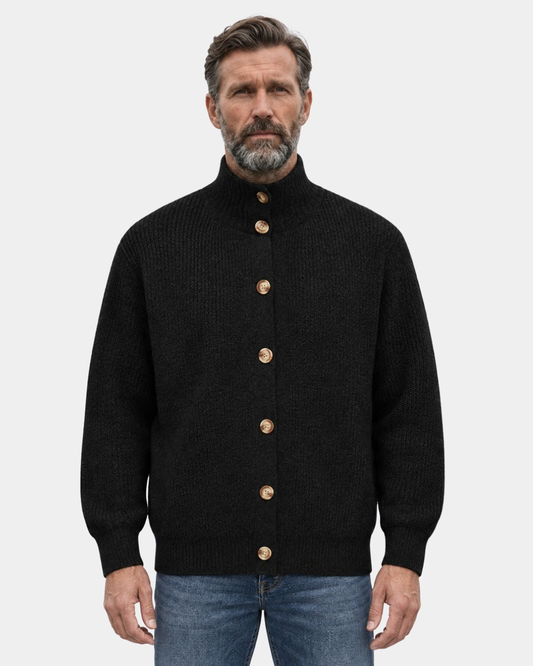 Men’s black high-collar button-up knit cardigan with a relaxed fit, ribbed texture, and dropped shoulders.