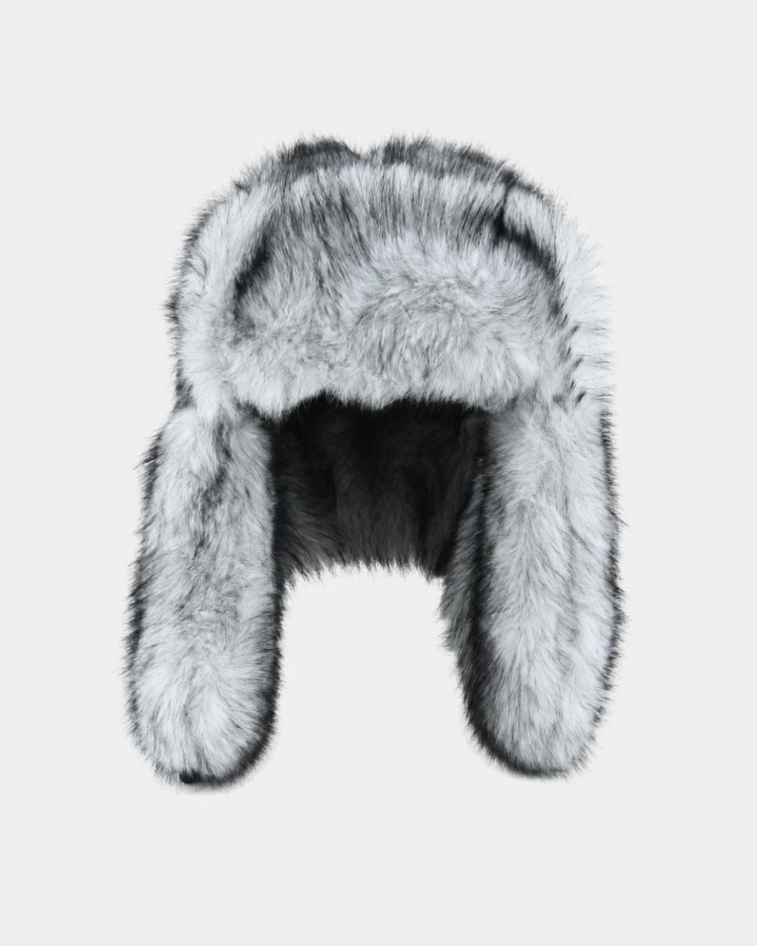 Men's plush ushanka trapper hat in grey and black faux fur with warm ear flaps for winter weather protection.