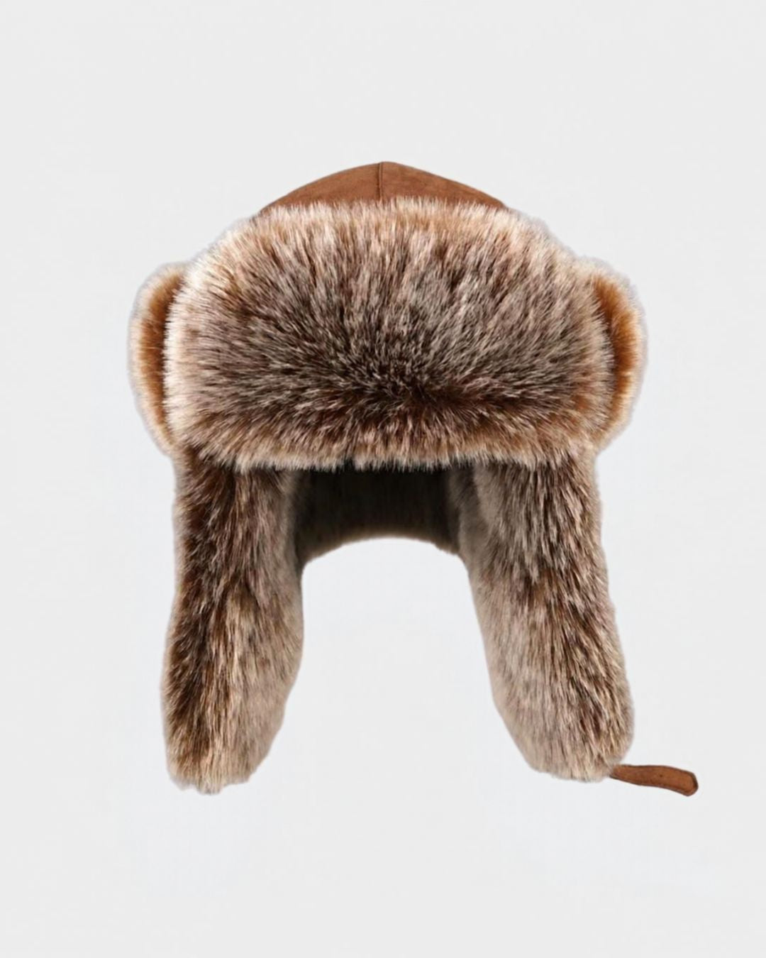 Brown suede men’s ushanka trapper hat with thick faux fur lining and ear flaps for winter warmth.