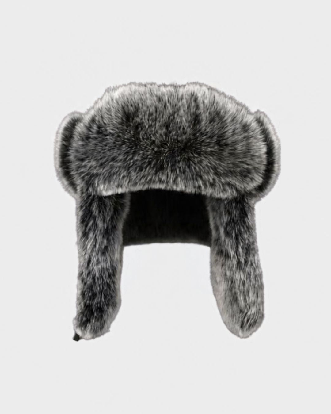 Men’s grey and black faux fur ushanka trapper hat with plush lining and full ear coverage for winter weather.
