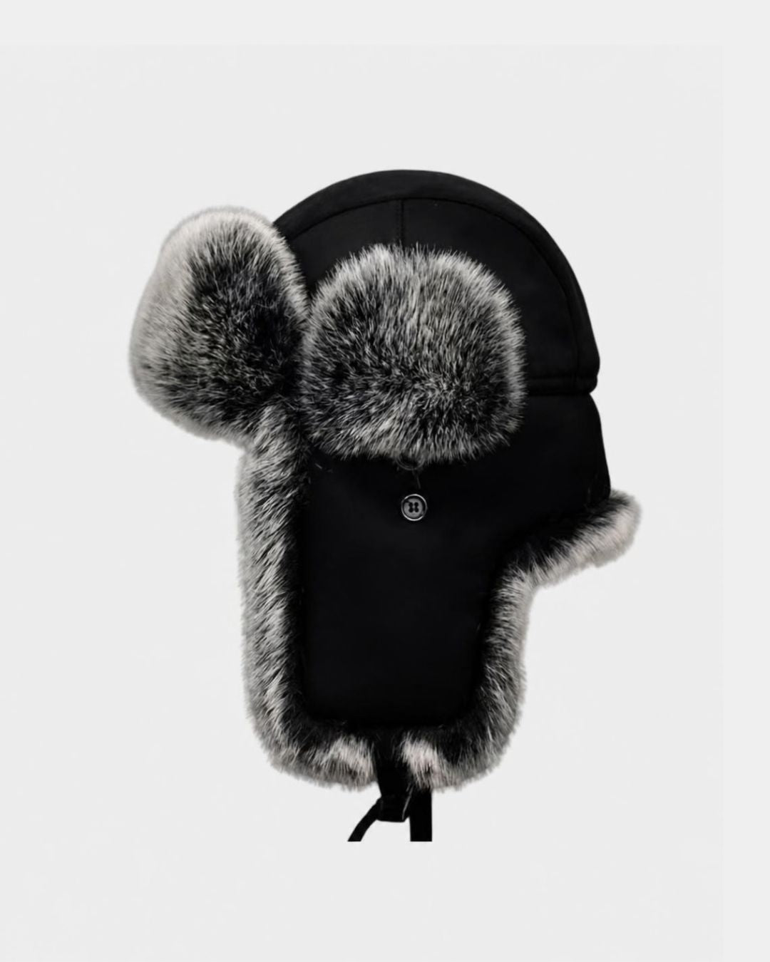 Black men’s ushanka trapper hat with plush grey faux fur lining, windproof fabric, and adjustable ear flaps.