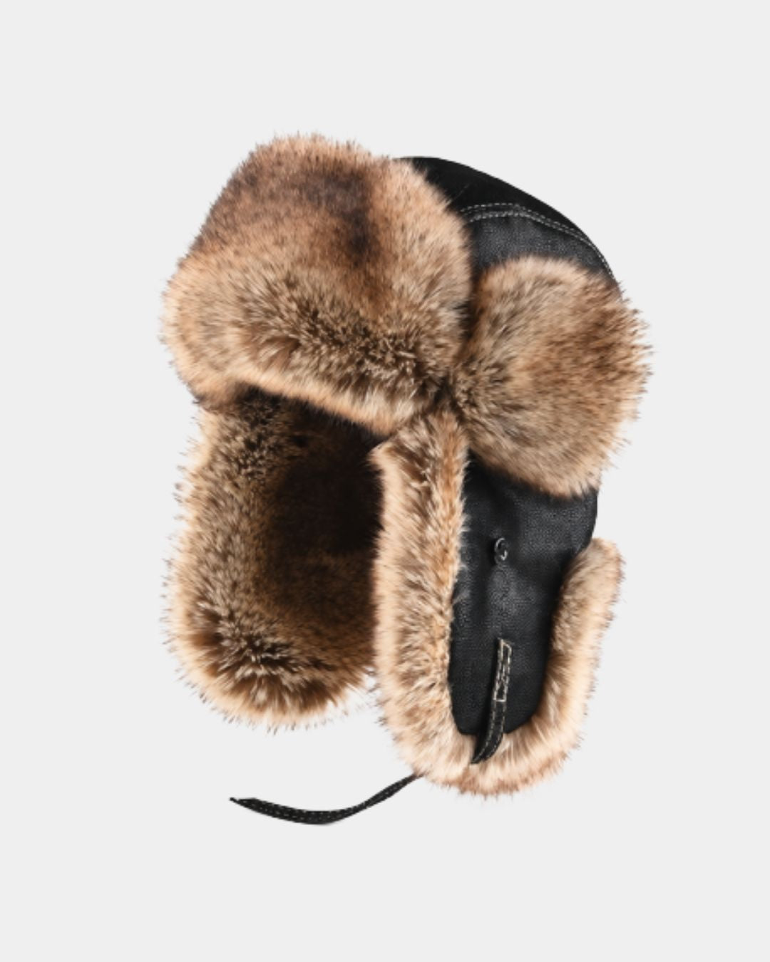 Black men’s aviator trapper hat with soft faux fur lining, ear flaps, and a smooth, windproof outer shell.