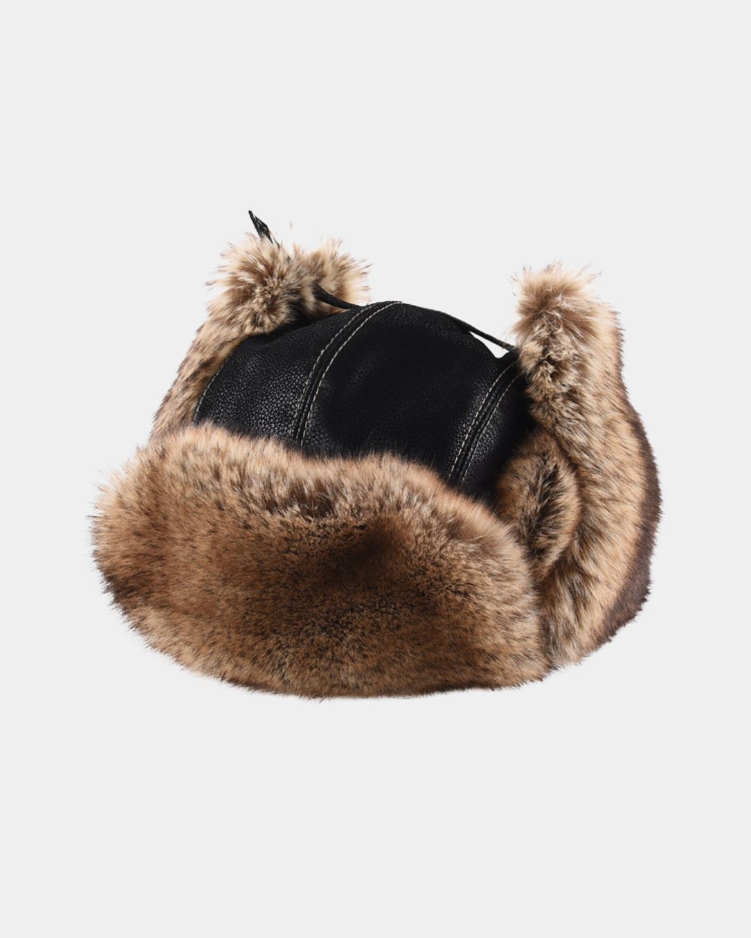 Black textured aviator trapper hat with plush brown faux fur lining and ear flaps for winter weather protection.