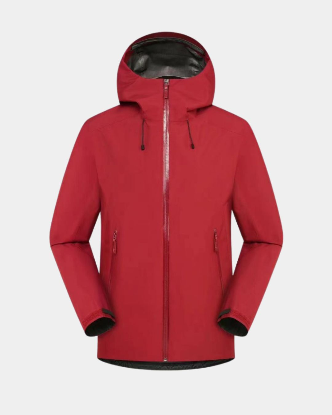 Red waterproof men’s hiking windbreaker with a full-zip front, adjustable hood, and technical taped construction.