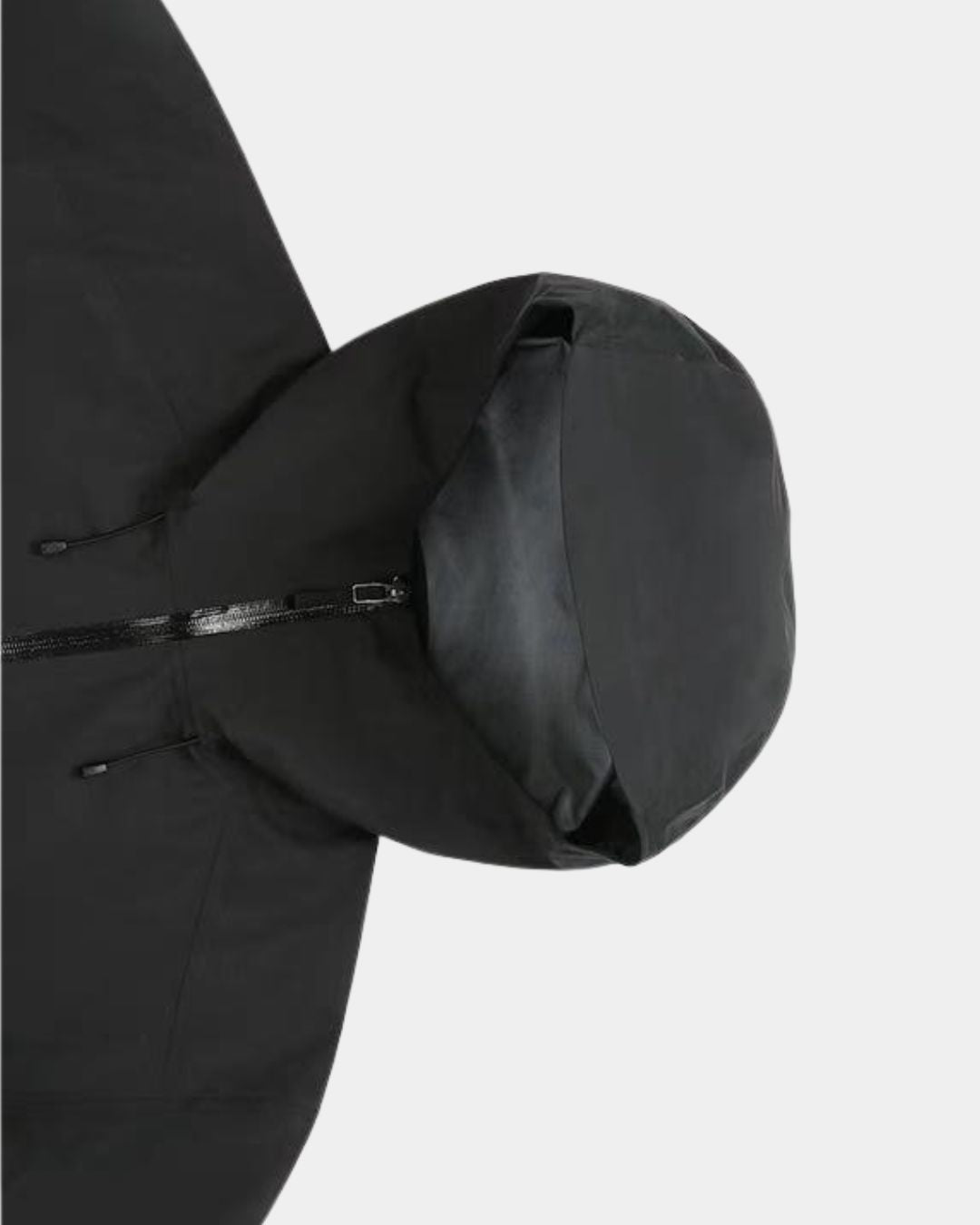 Black waterproof hiking windbreaker featuring an adjustable hood and a durable, water-resistant front zipper.