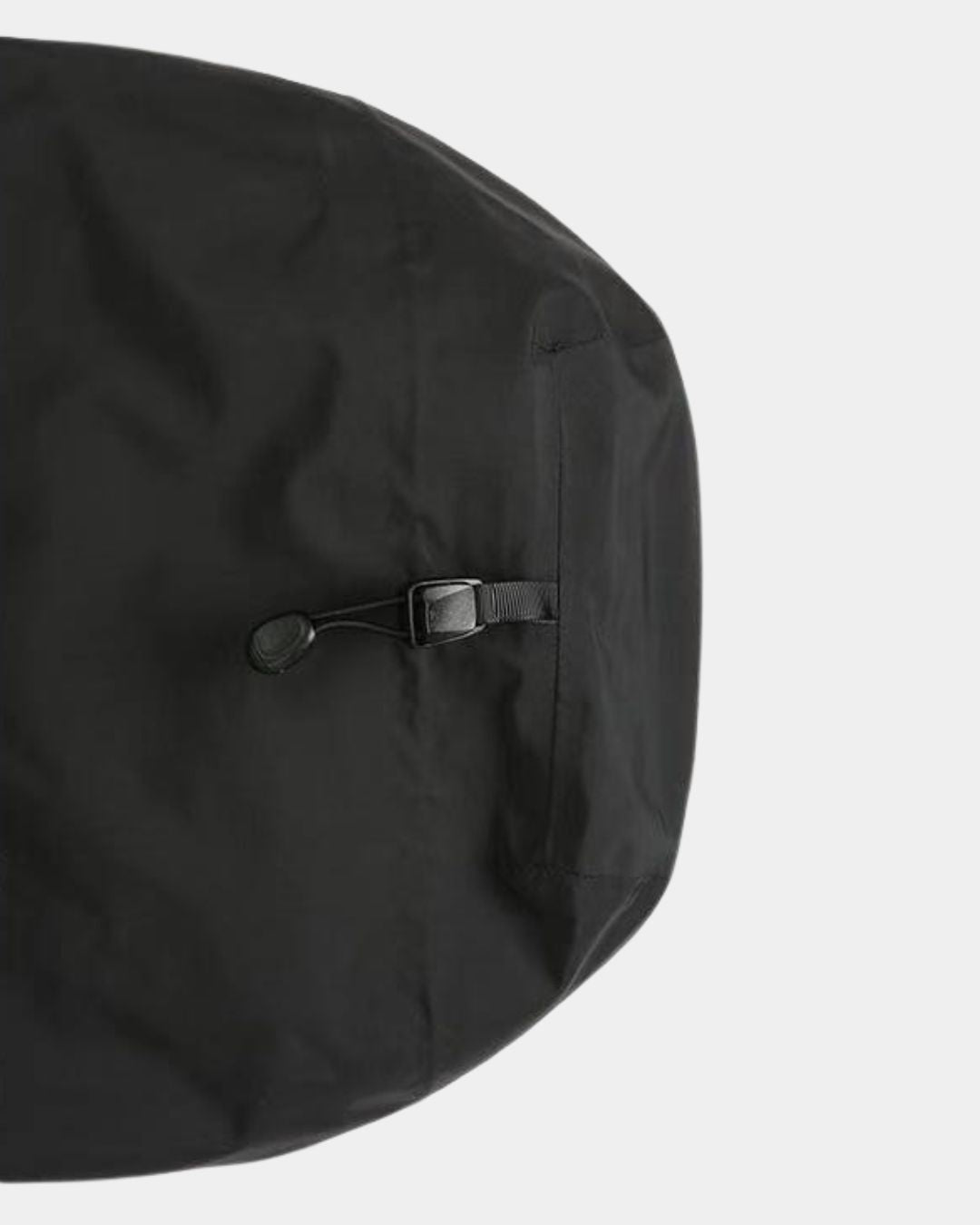 Black waterproof hiking jacket hood with an adjustable drawstring toggle for a secure, weatherproof fit.
