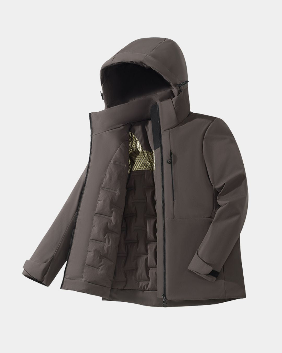 Three-quarter view of men's gray waterproof insulated windbreaker jacket with detachable hood and padded lining