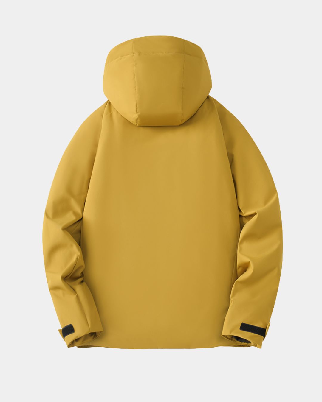 Back view of men's yellow waterproof insulated windbreaker jacket with detachable hood