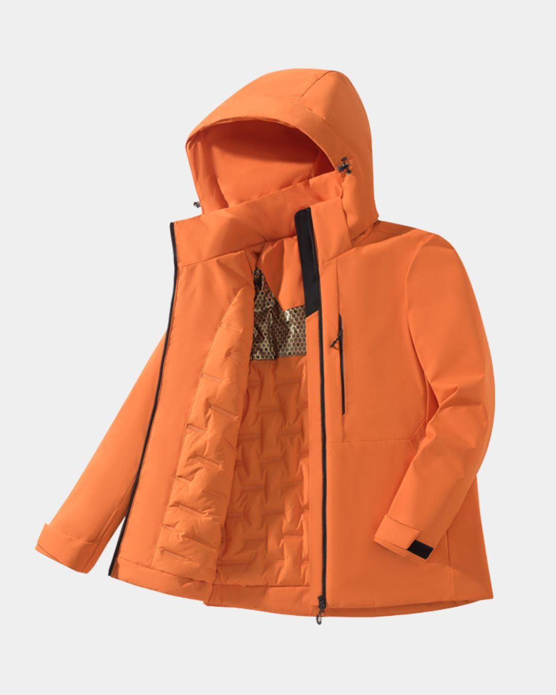 Three-quarter view of men's orange waterproof insulated windbreaker jacket with detachable hood and padded lining