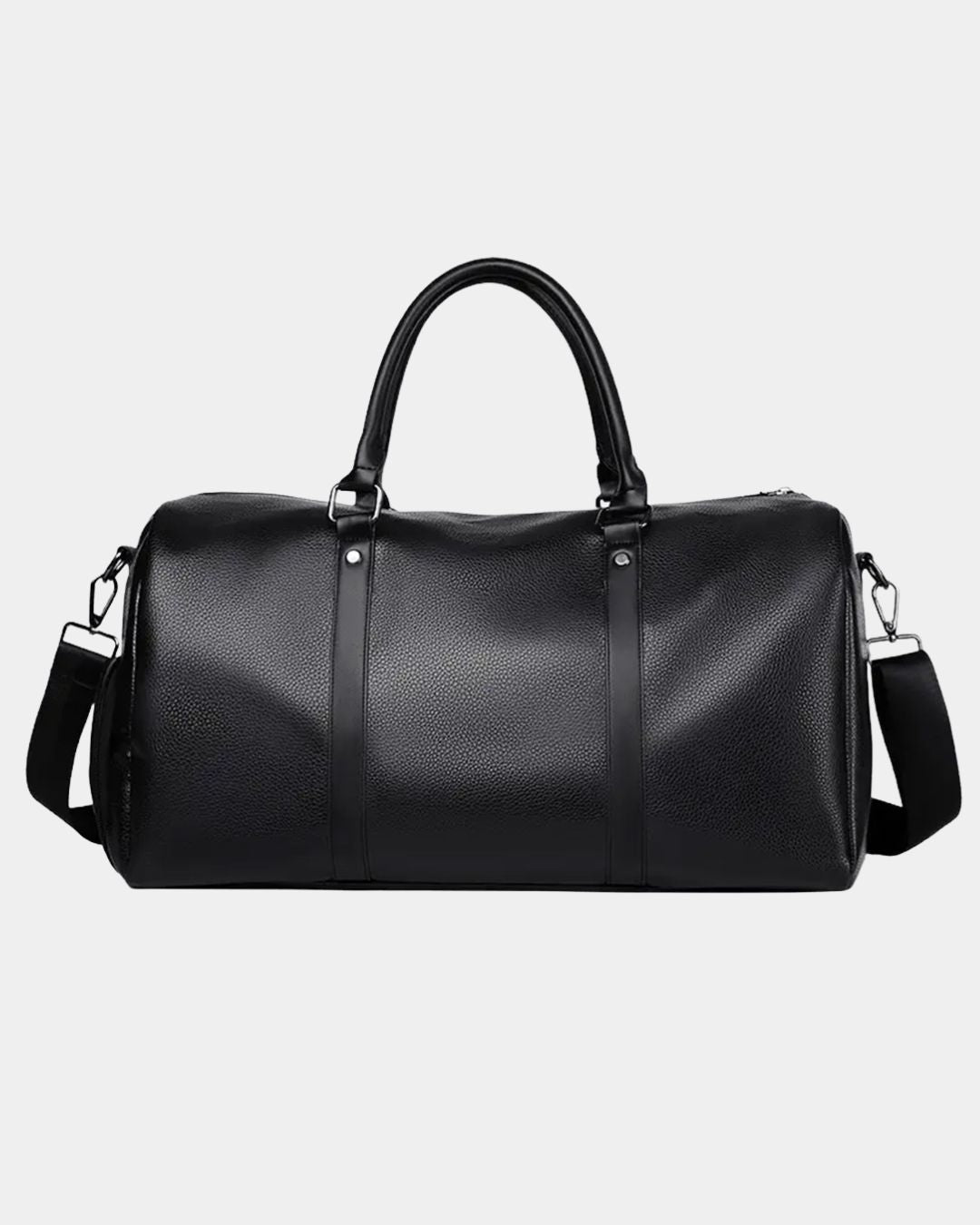 Black textured men's weekender duffel bag with dual carry handles, adjustable shoulder strap, and secure zip closure.