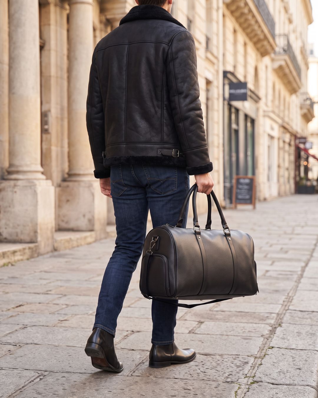 Man carrying a sleek black textured weekender duffel bag with dual handles and a shoulder strap on a city street.