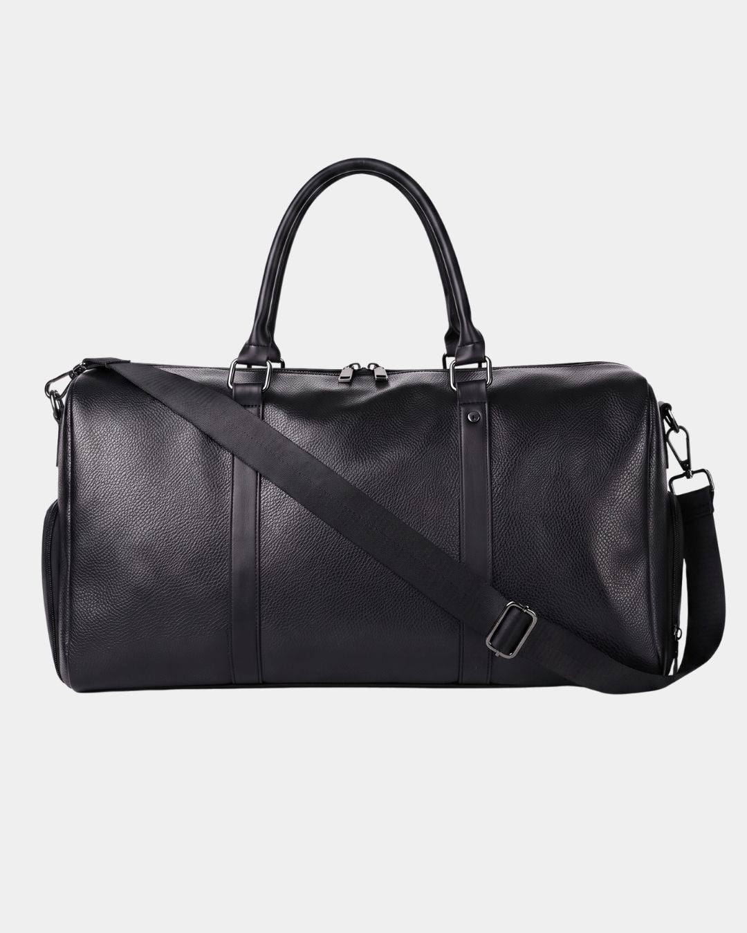 Black textured leather weekender duffel bag with dual carry handles, a secure zip closure, and an adjustable shoulder strap.