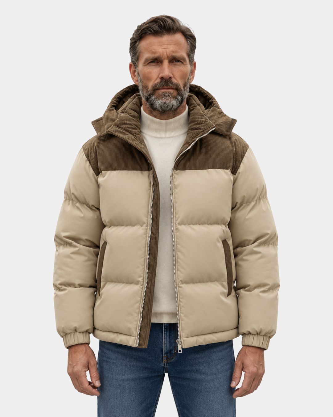 Beige puffer jacket with brown corduroy shoulders, detachable hood, and side pockets worn by a man.