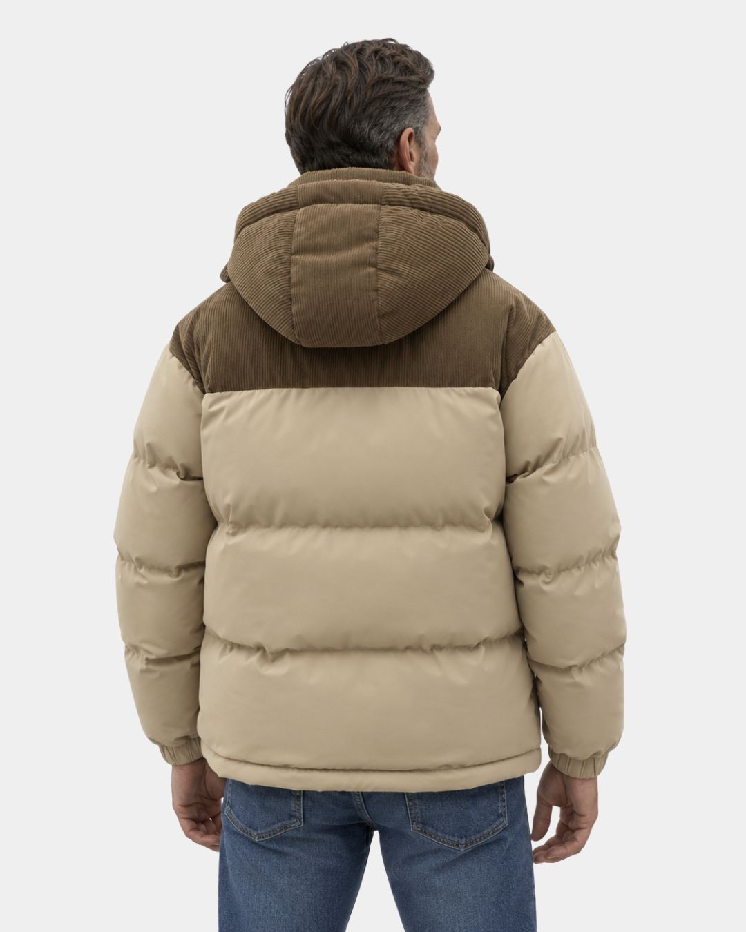 Men’s beige puffer jacket with a brown corduroy hood and shoulder panels, featuring elasticated cuffs and a warm design.