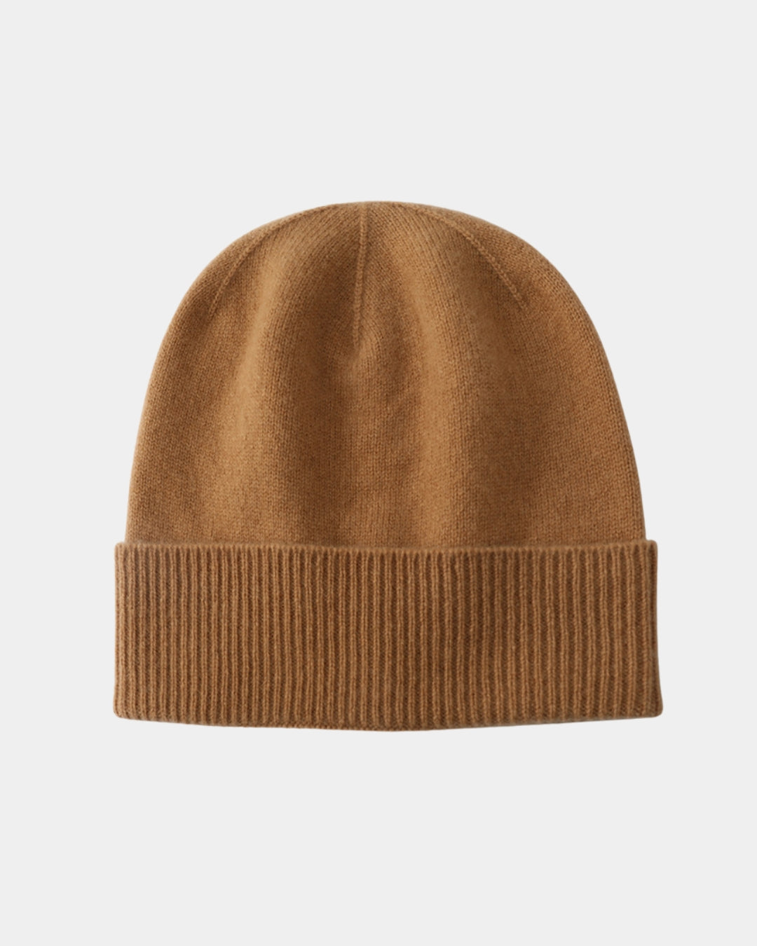 Camel brown men’s wool beanie with a classic ribbed fold-over cuff and soft knit construction.