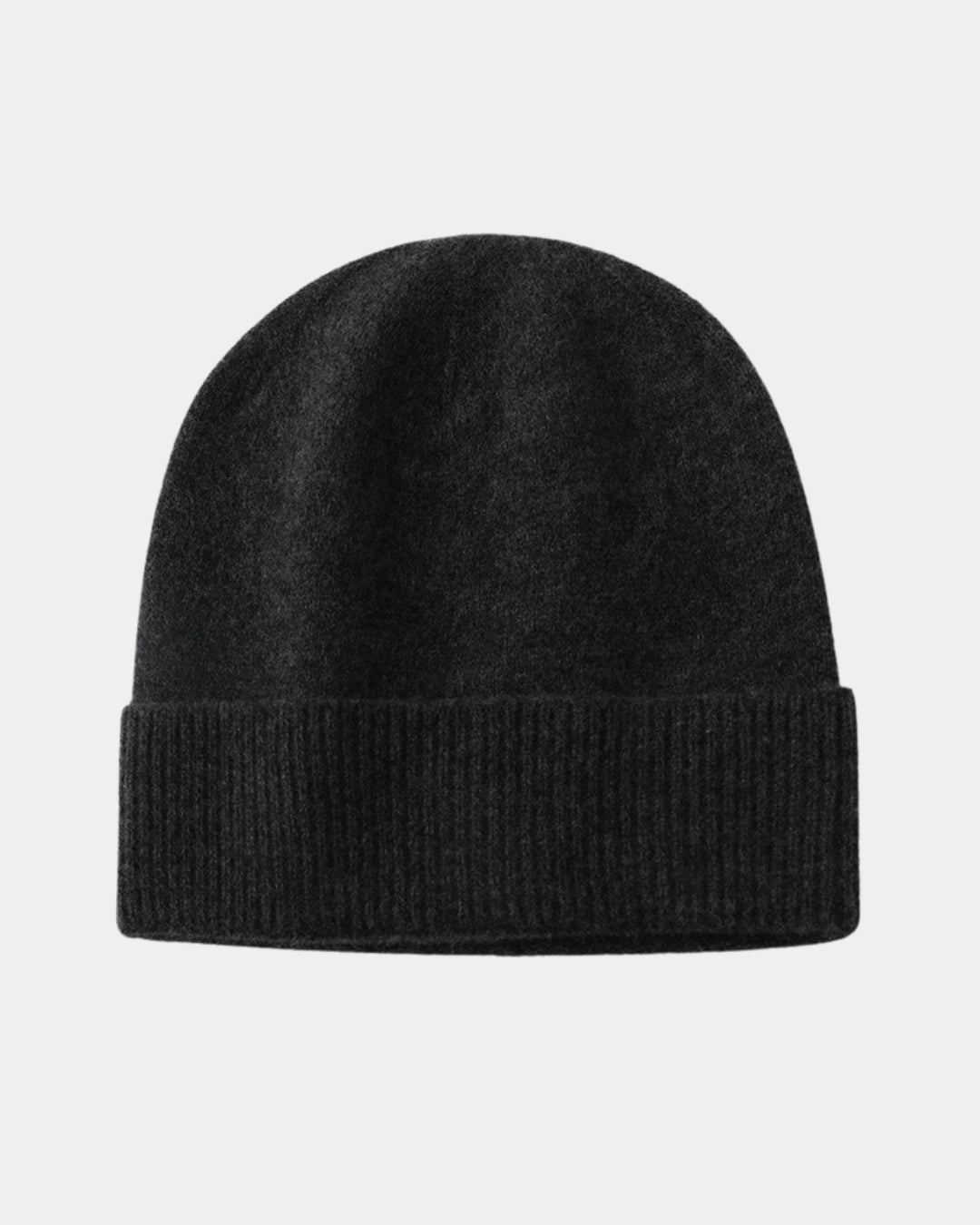 Charcoal grey men’s wool beanie featuring a soft knit texture and a classic ribbed fold-over cuff.