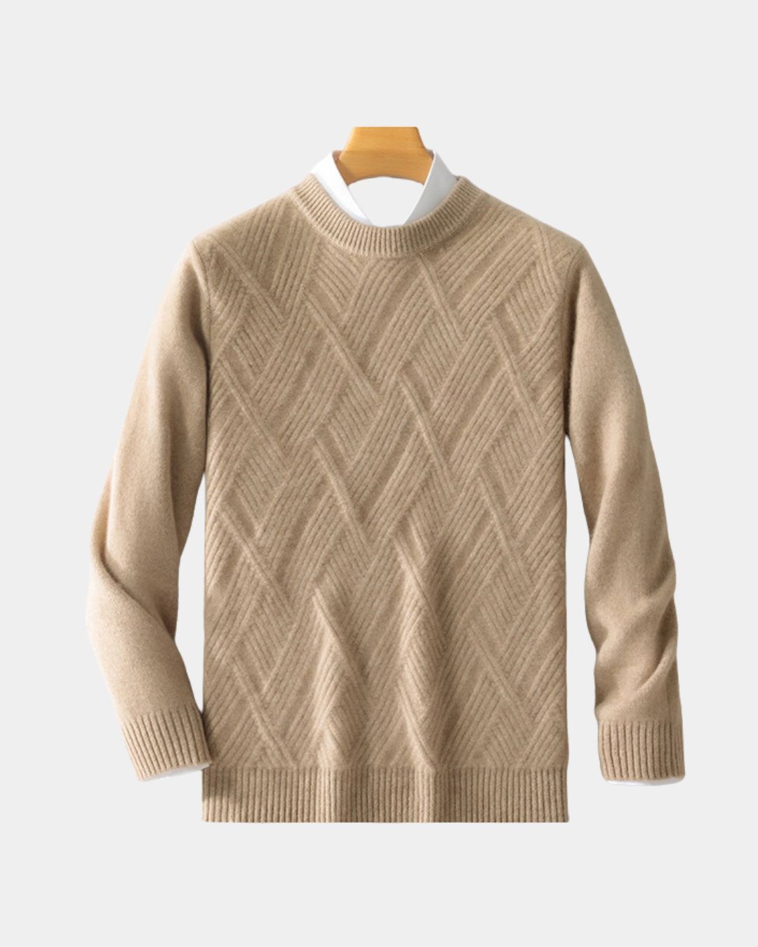 Beige men’s crewneck wool sweater with a raised diamond knit pattern, ribbed trim, and long sleeves on a hanger.