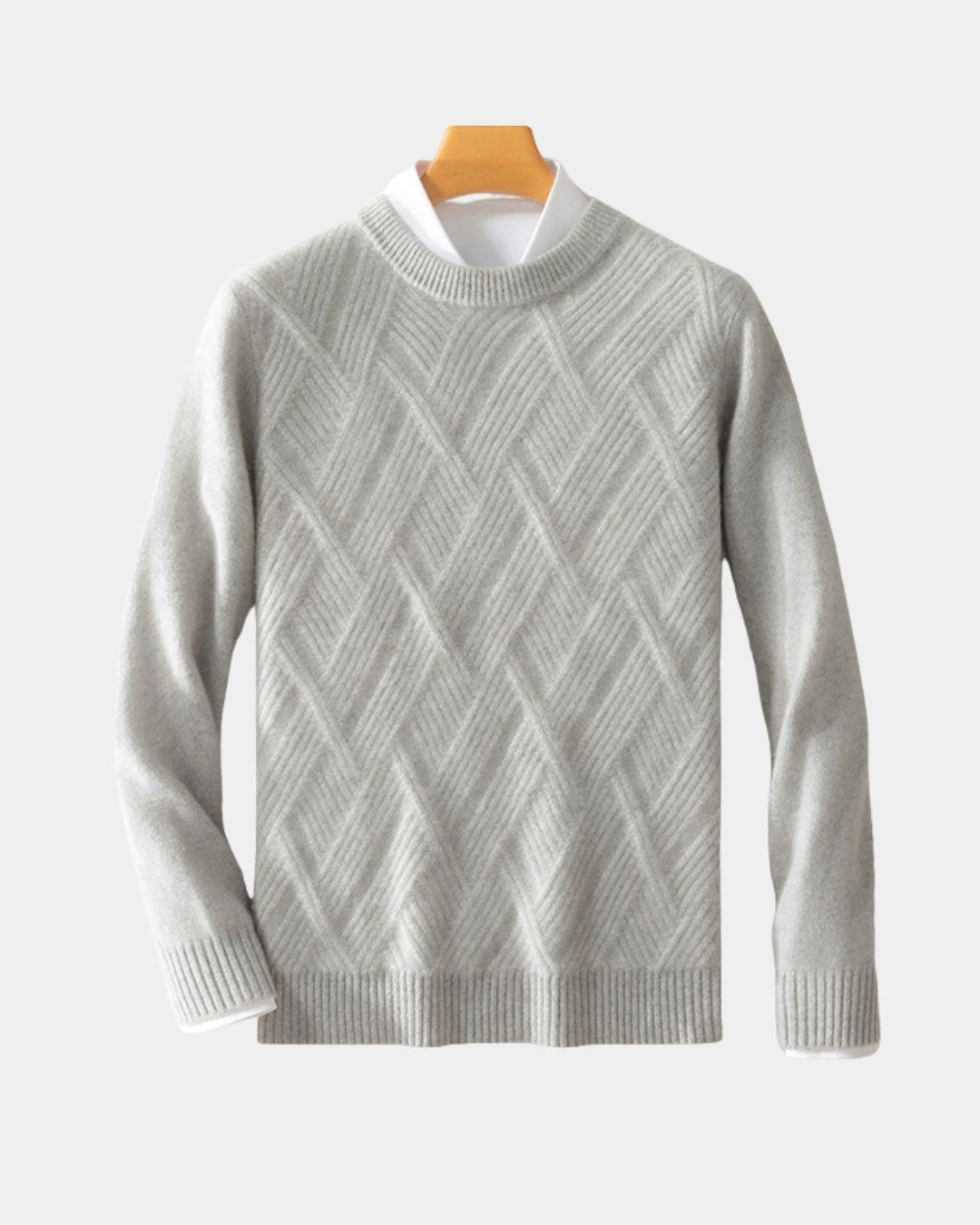 Light grey men's wool crewneck sweater featuring a textured diamond knit pattern, ribbed trim, and a white collared shirt.