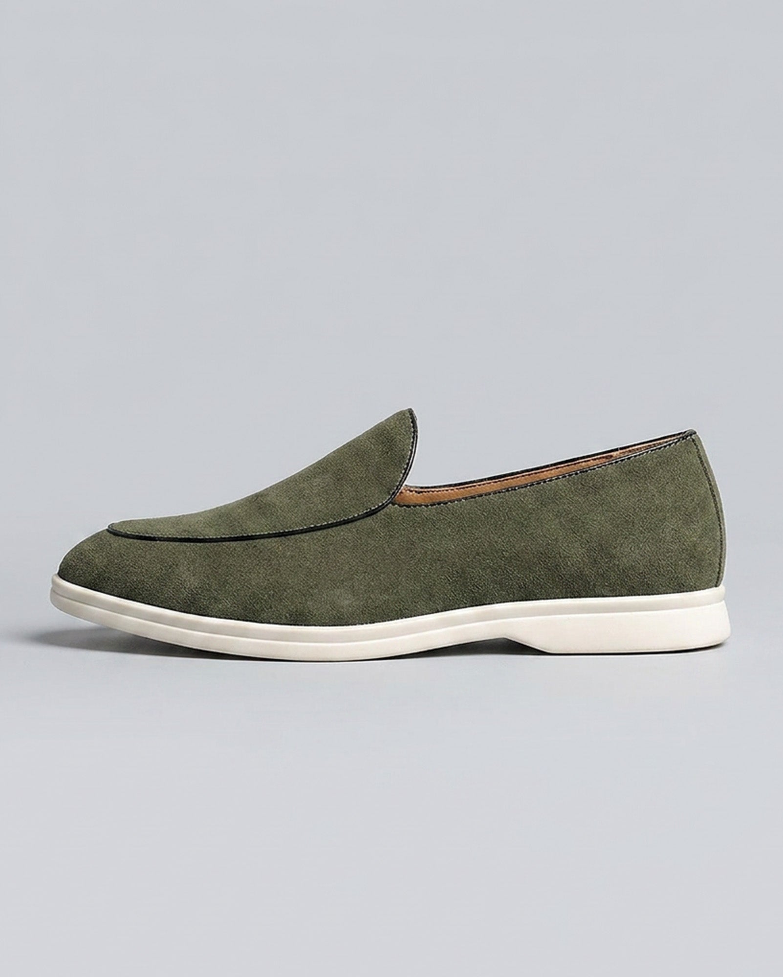 Side view of Milan men's olive suede slip-on loafer
