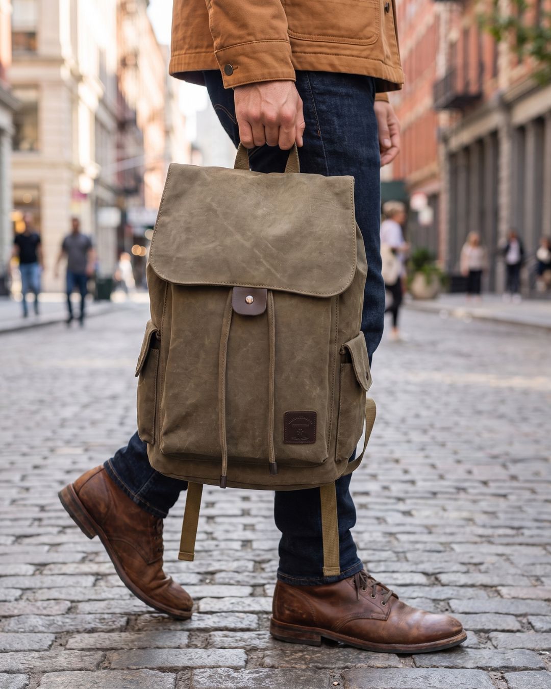 A person walking on a cobblestone street carrying a khaki canvas backpack with a top flap and brown leather accents by Hudson & Tate.