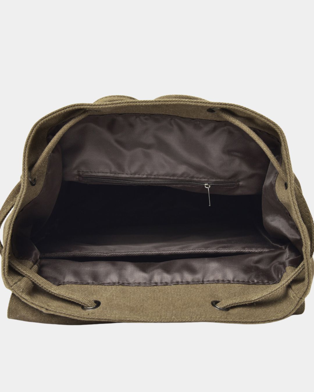 An overhead view of a khaki canvas bag's open interior, showing a dark brown satin-lined compartment with a zippered pocket and drawstring closure.