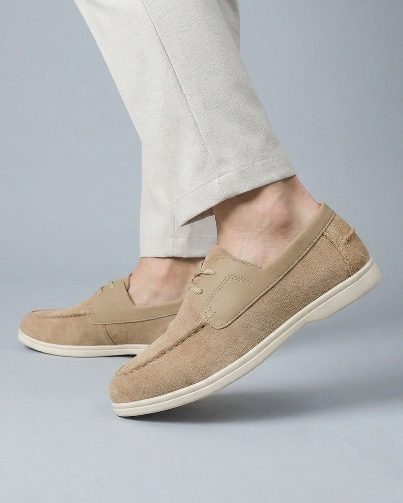Hudson & Tate Portside Deck Shoe Beige - On Foot Side View