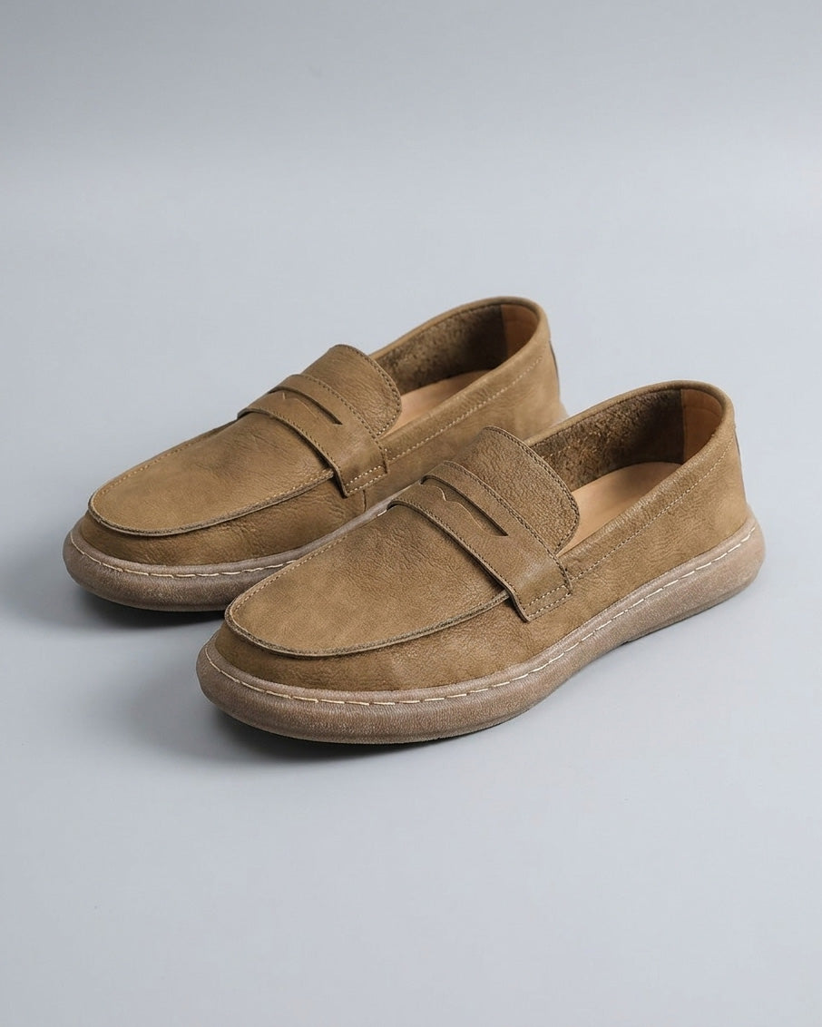 Pair of Salcombe men's beige leather penny loafers with tonal cupsole