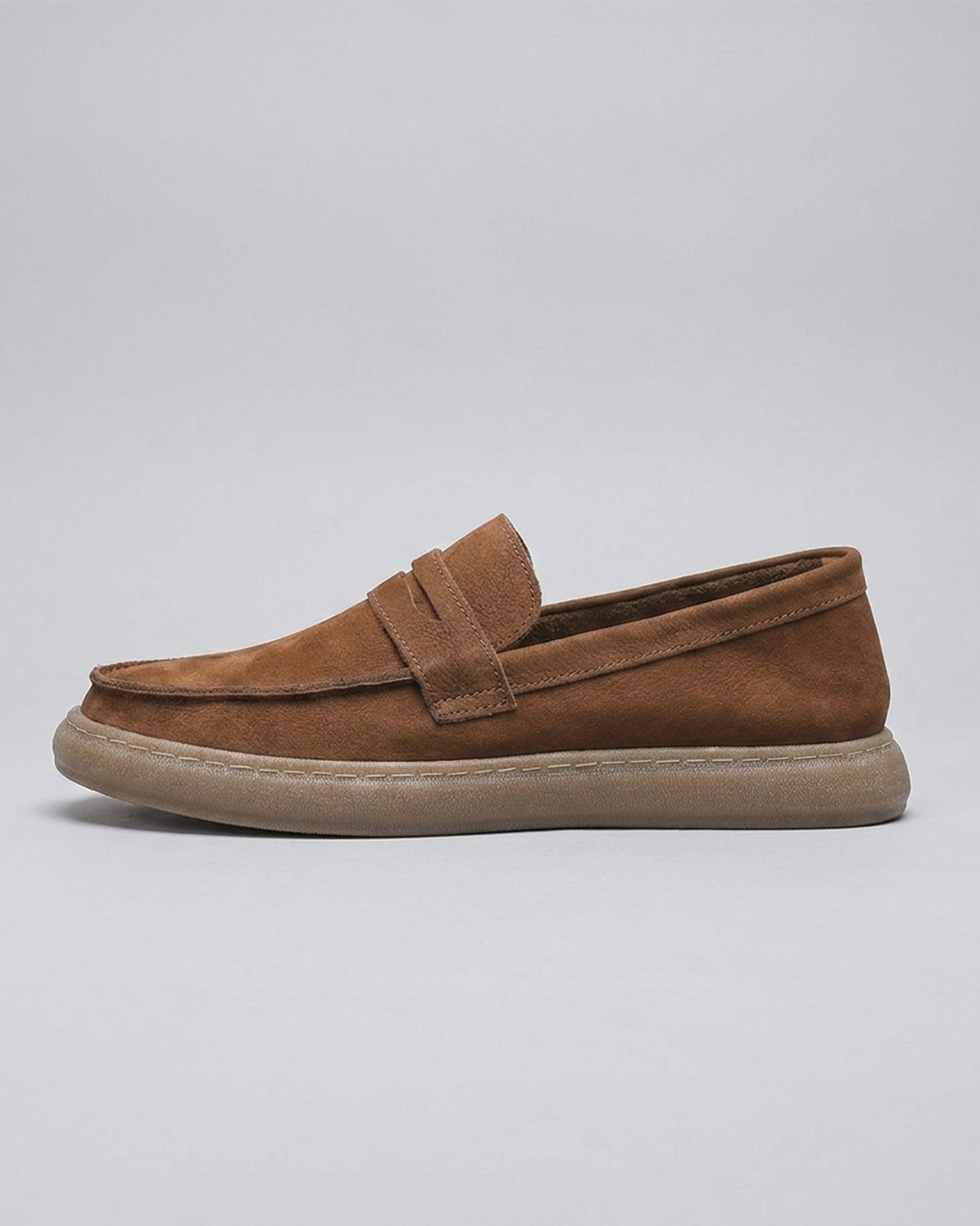 Side view of Salcombe men's brown leather penny loafer