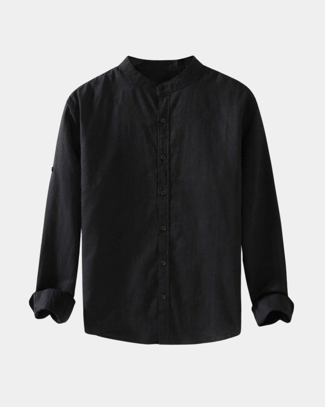 Black St Ives men's long-sleeve shirt in a breathable linen-cotton blend with a stand collar and button front.