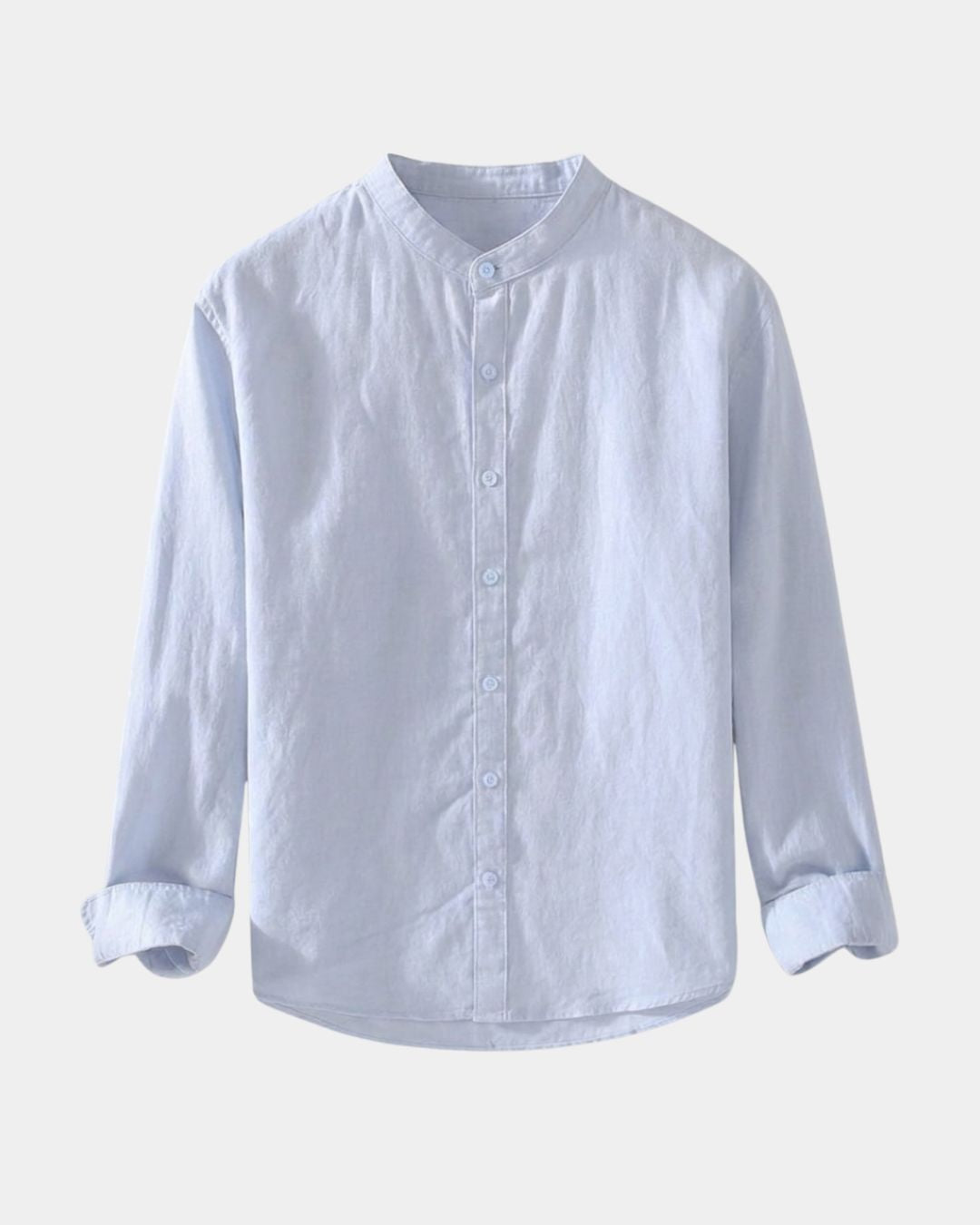 Light blue linen-cotton blend men's shirt with a stand collar, long sleeves, and a full button-down front.