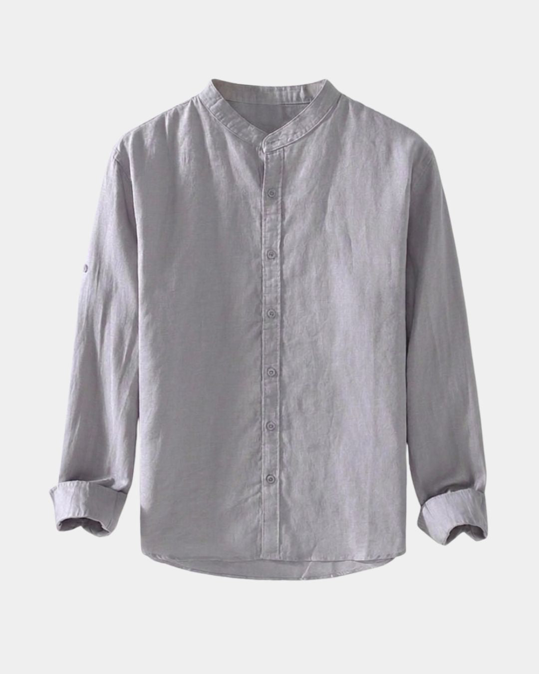 Grey linen-cotton blend men's long-sleeve shirt with a stand collar and button-front closure.