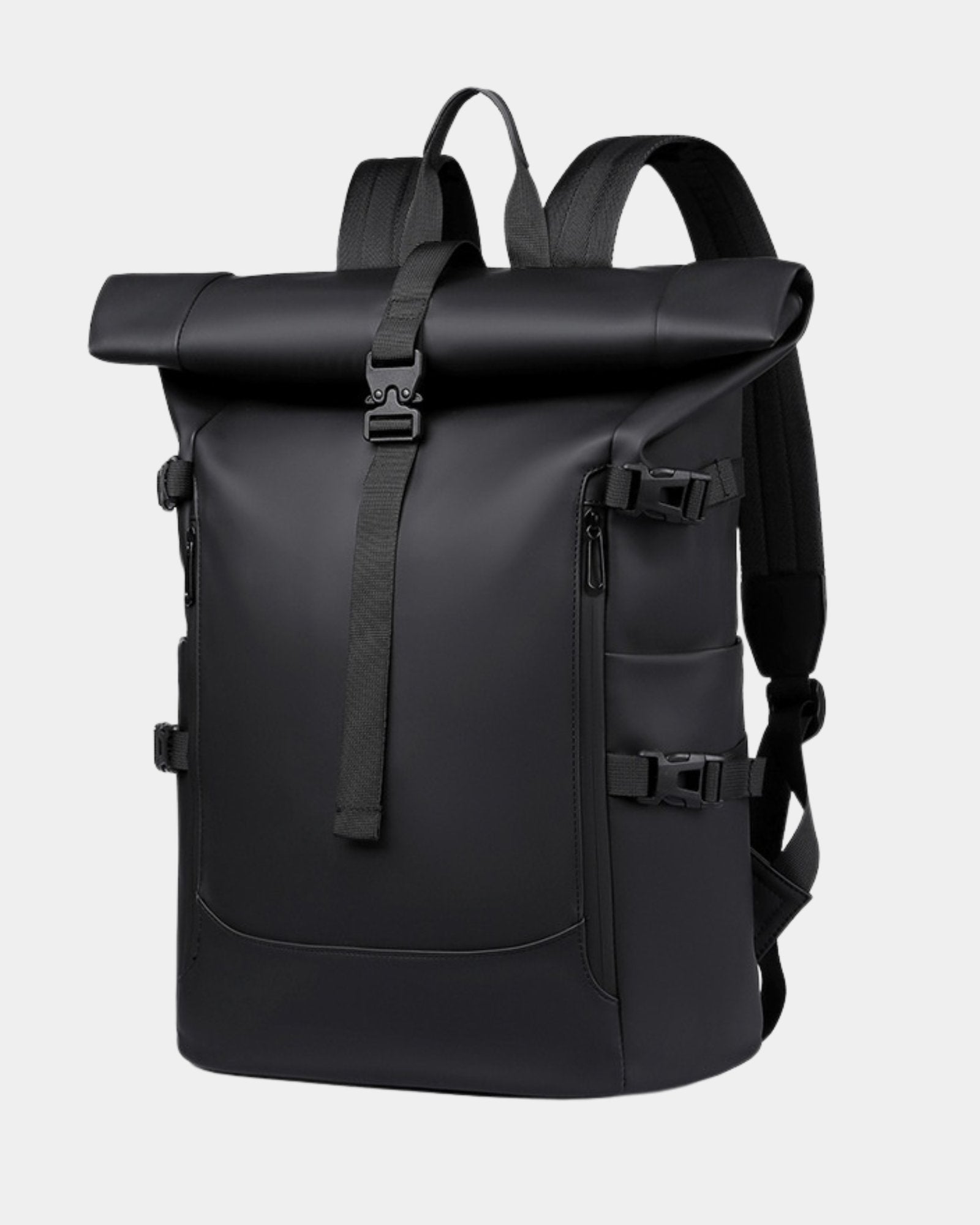 Tucker waterproof laptop travel backpack in black angled front view
