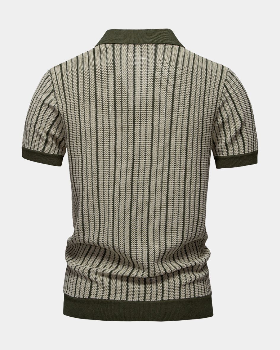 Back view of a patterned polo shirt on a white background