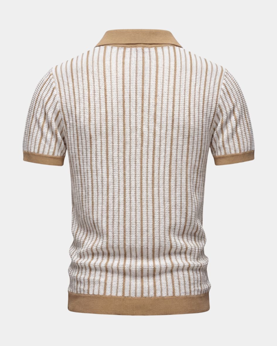 Back view of a striped polo shirt with brown accents on a white background