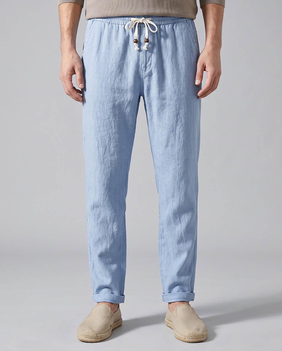 Men's Casual Linen Drawstring Pants in Steel Blue by Hudson & Tate - front view